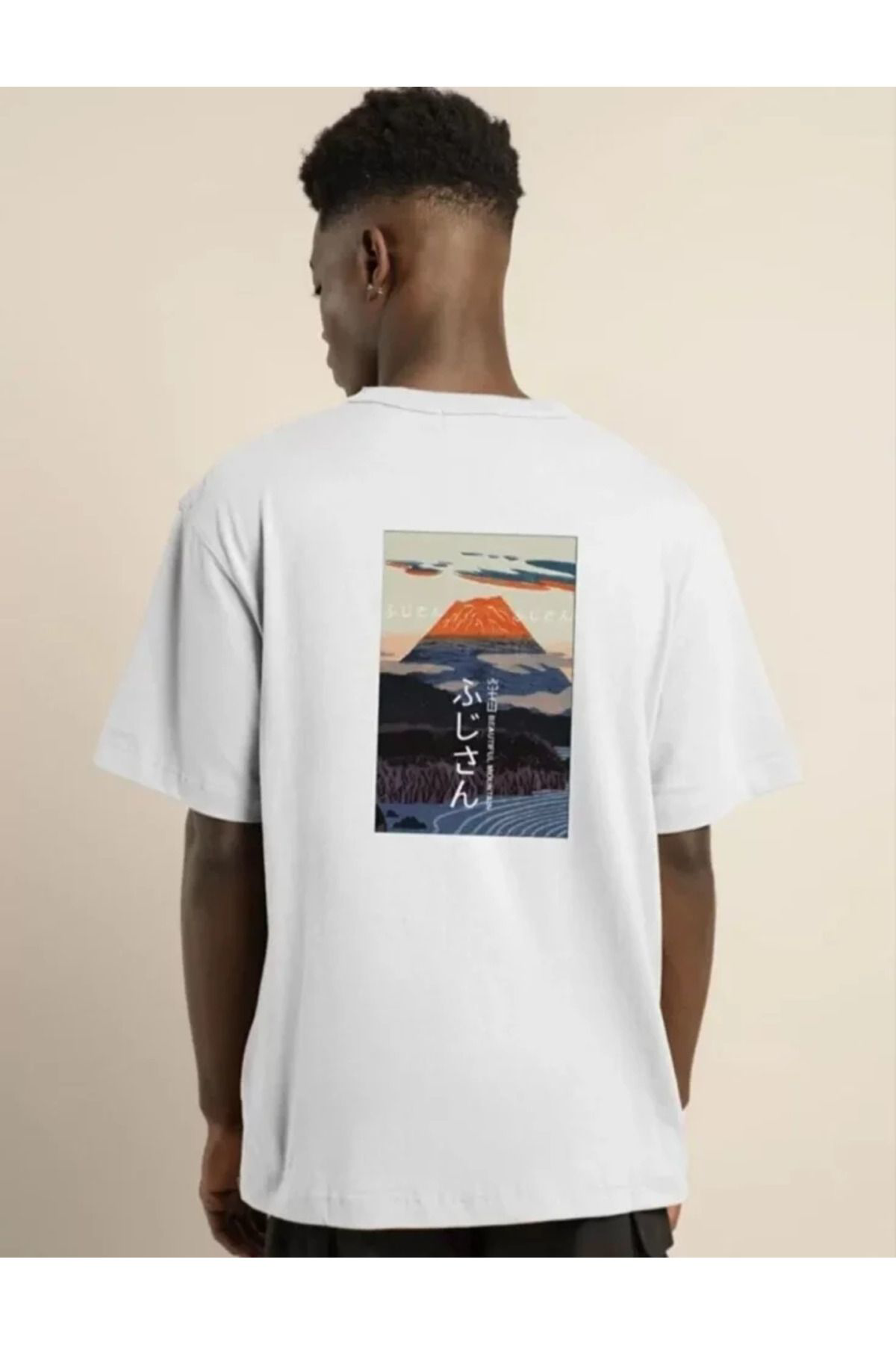 Unisex Bisiklet Yaka Baskılı Oversize T-Shirt - Beyaz