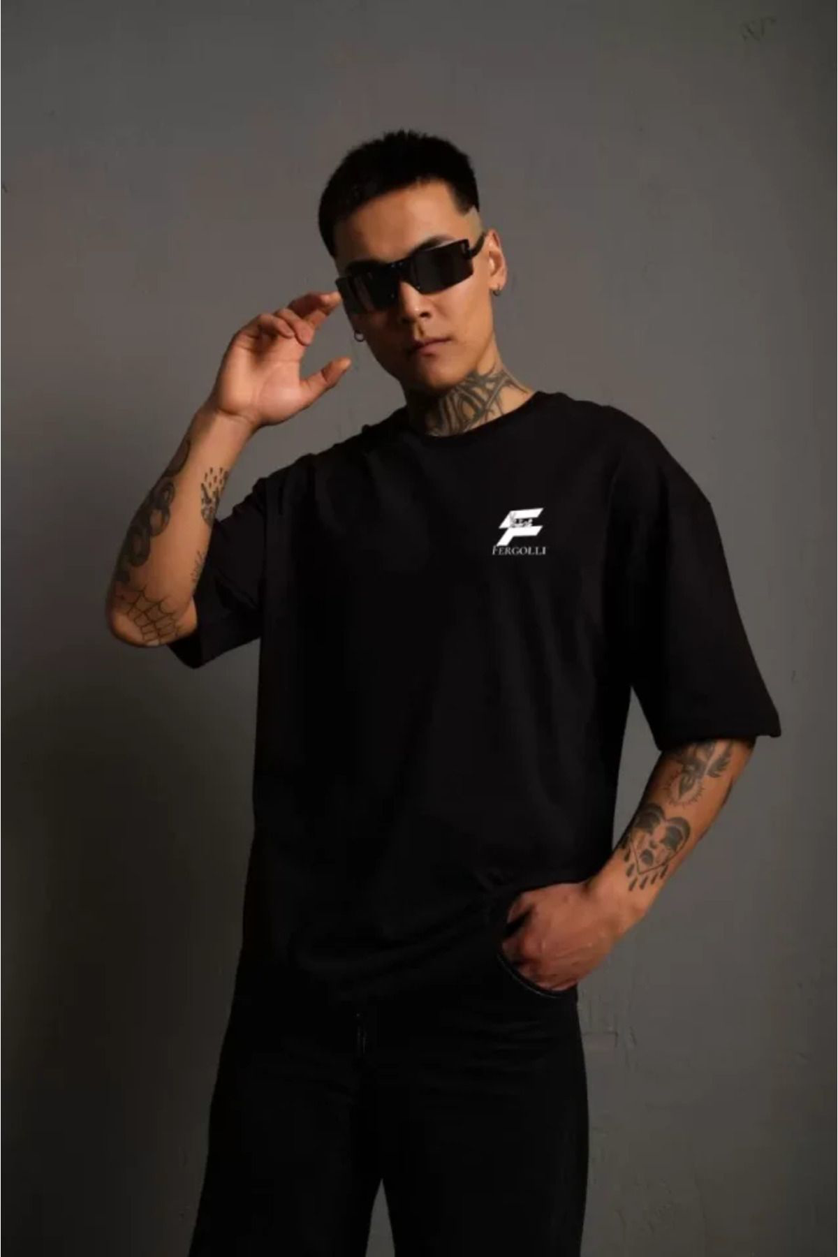 Unisex Bisiklet Yaka Baskılı Oversize T-Shirt - Siyah