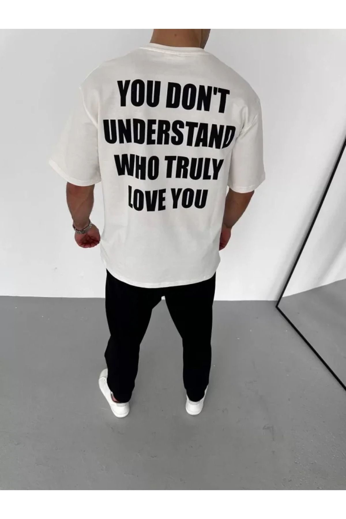 Unisex Bisiklet Yaka Baskılı Oversize T-Shirt - Beyaz