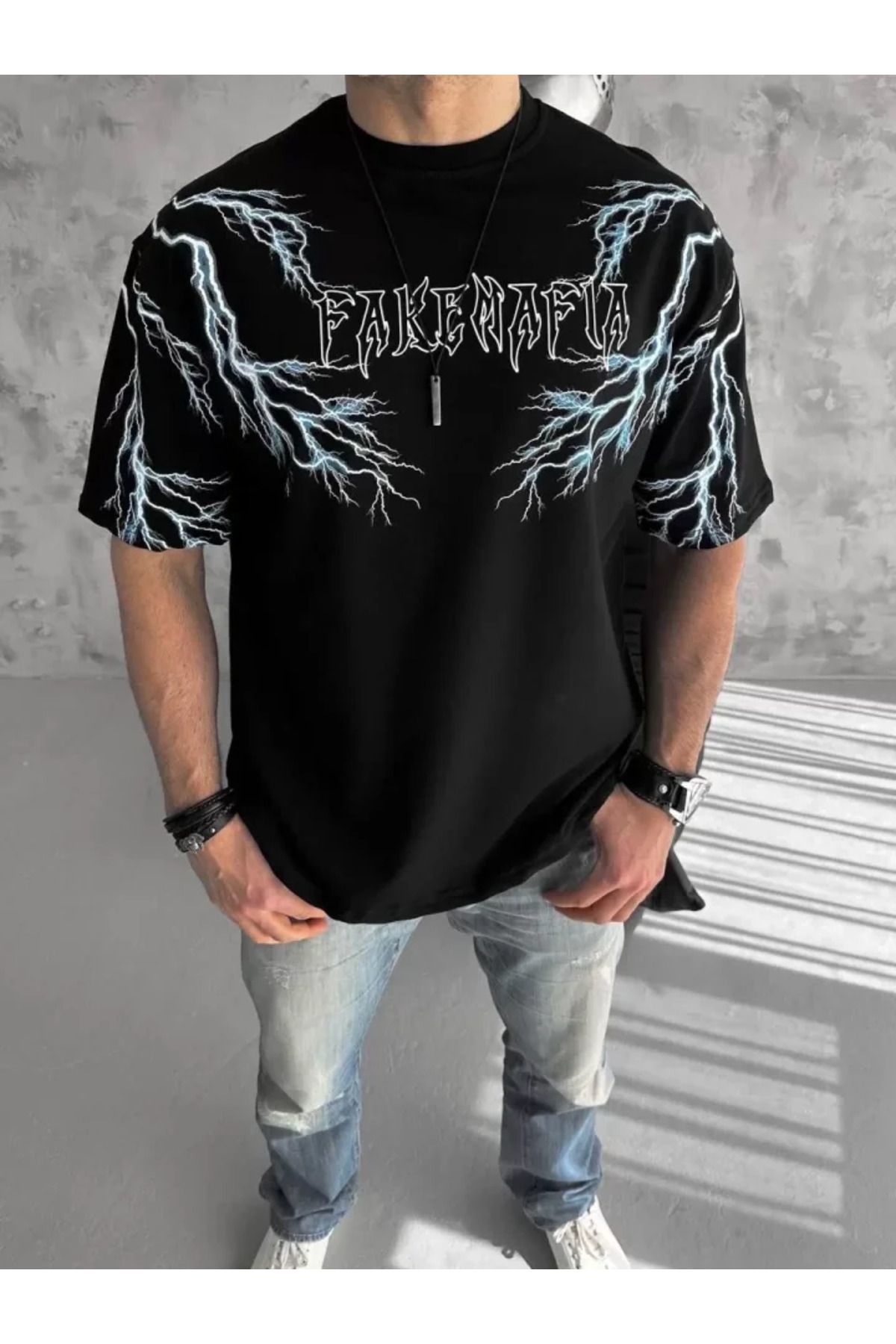 Unisex Bisiklet Yaka Baskılı Oversize T-Shirt - Siyah