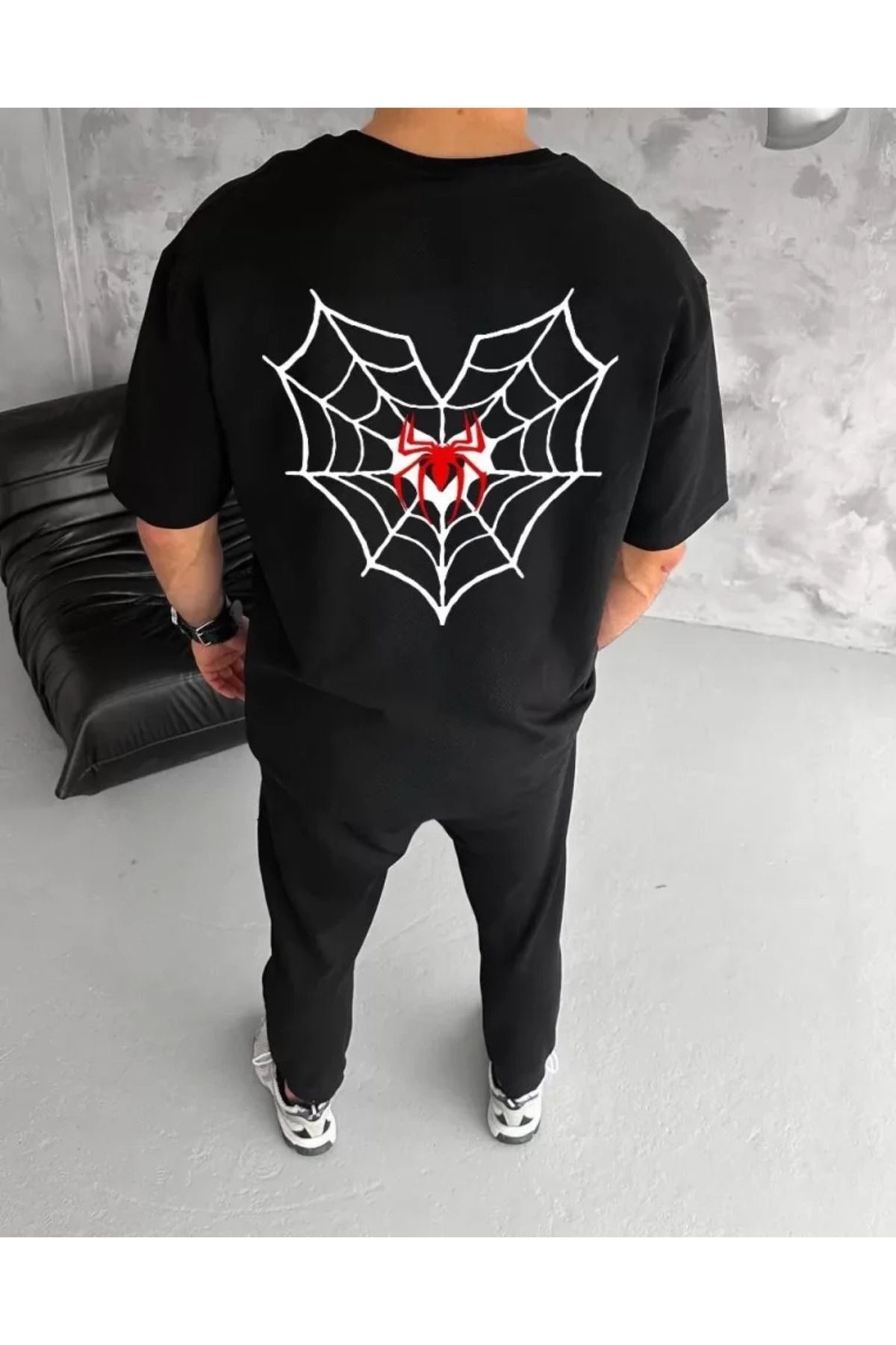 Unisex Bisiklet Yaka Baskılı Oversize T-Shirt - Siyah