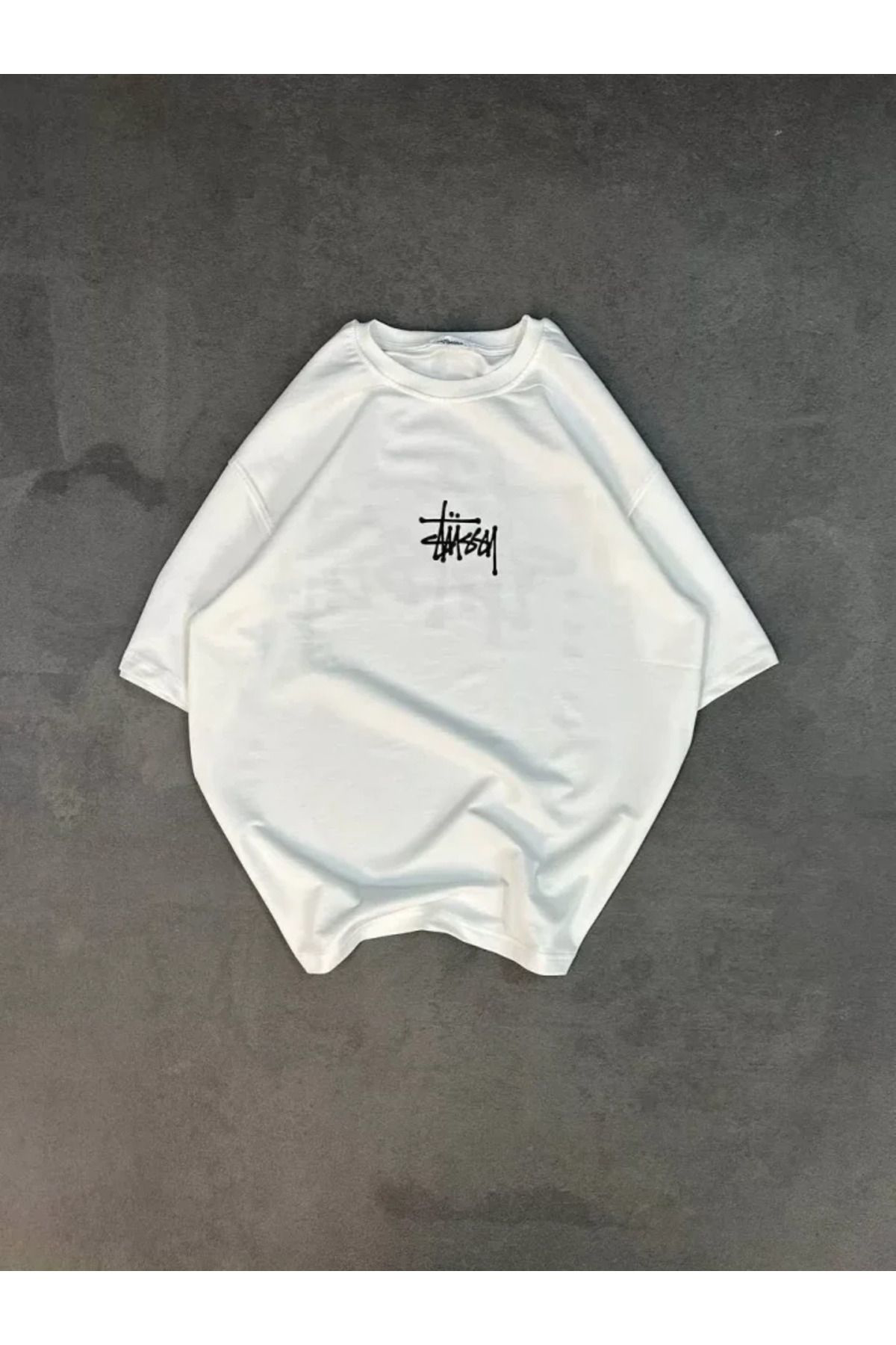 Unisex Bisiklet Yaka Baskılı Oversize T-Shirt - Beyaz