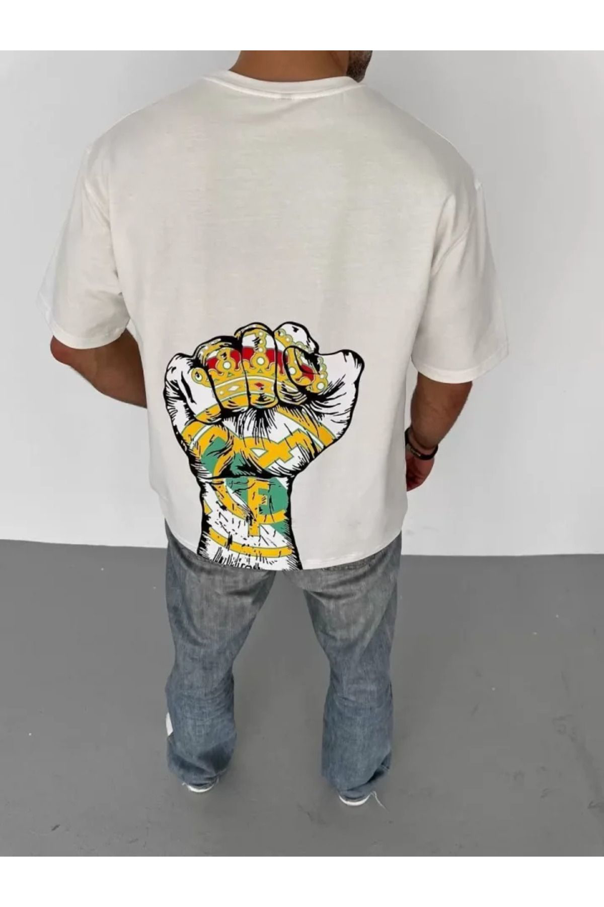 Unisex Bisiklet Yaka Baskılı Oversize T-Shirt - Beyaz