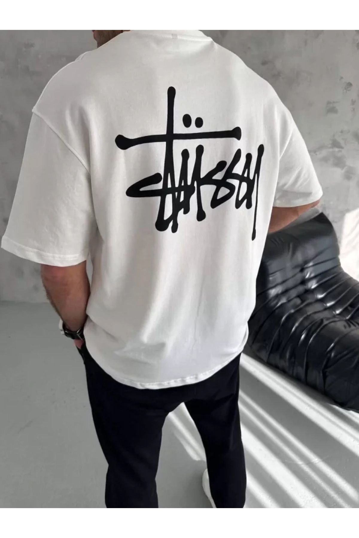 Unisex Bisiklet Yaka Baskılı Oversize T-Shirt - Beyaz