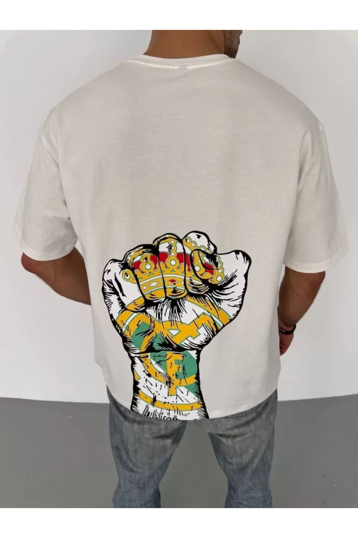 Unisex Bisiklet Yaka Baskılı Oversize T-Shirt - Beyaz