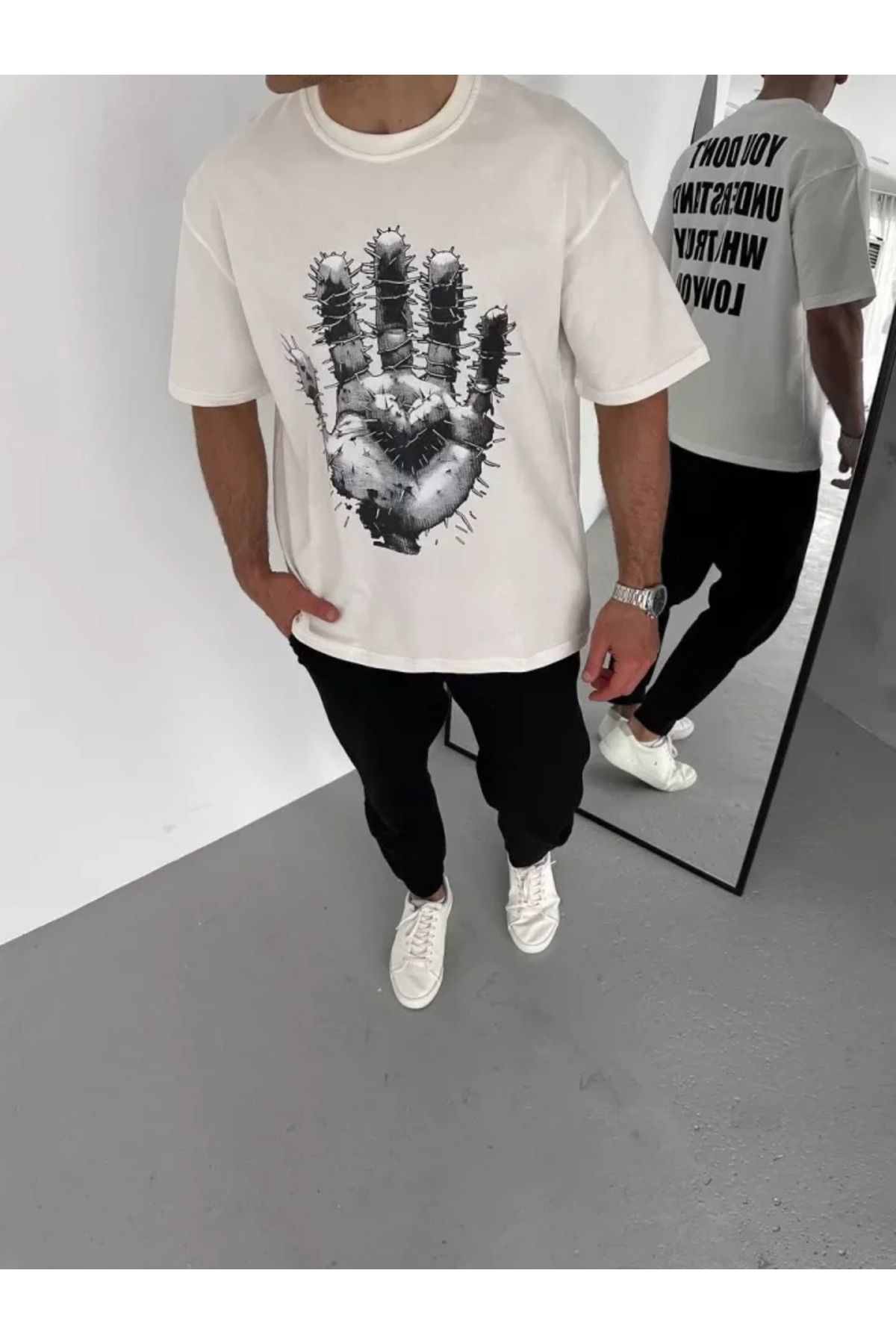 Unisex Bisiklet Yaka Baskılı Oversize T-Shirt - Beyaz