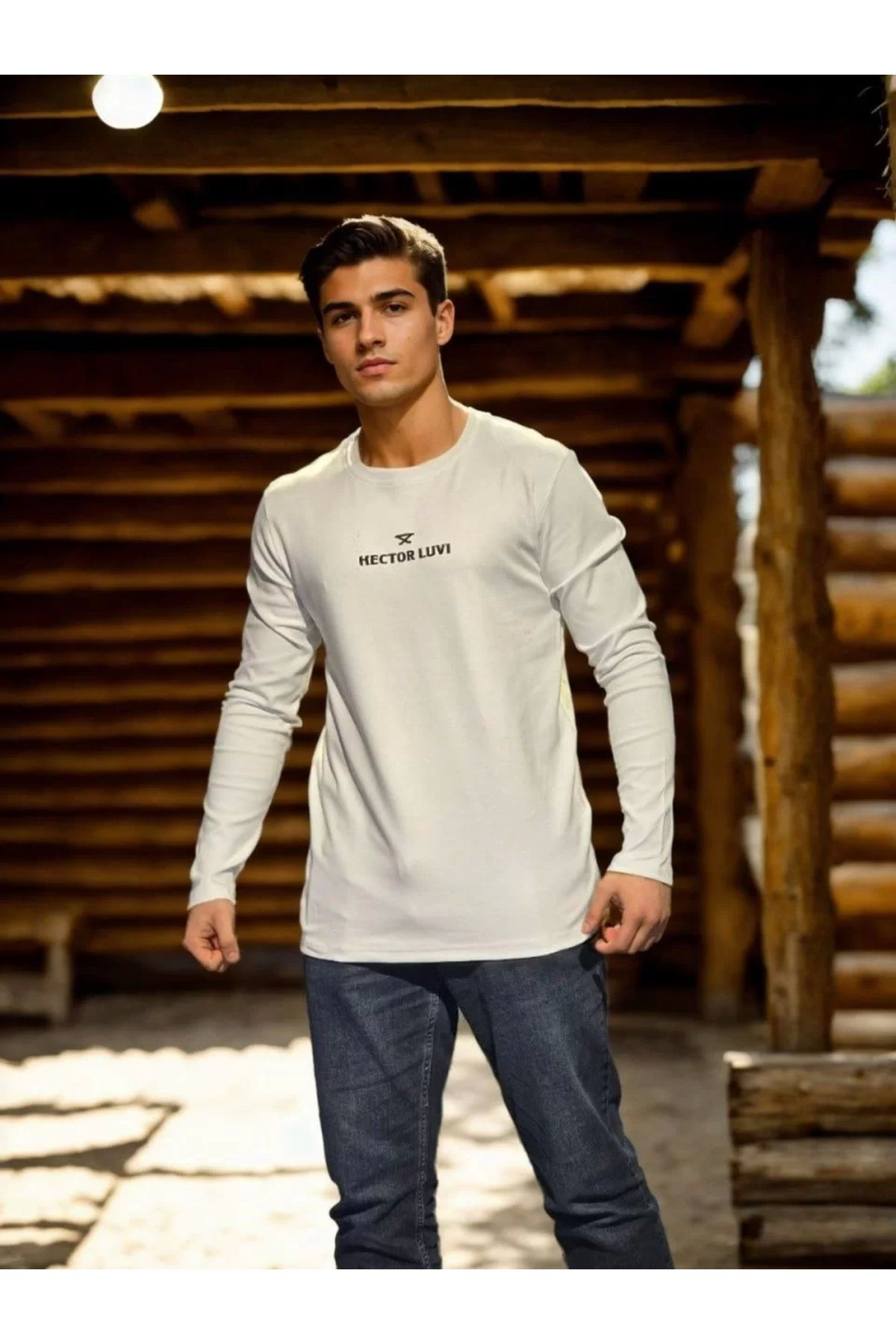 Unisex Bisiklet Yaka Uzun Kollu T-Shirt - Beyaz