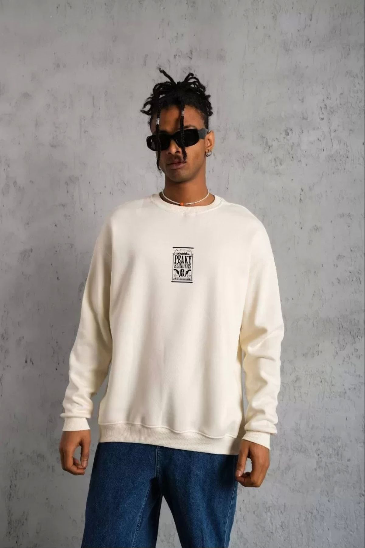 Unisex Bisiklet Yaka Baskılı Oversize Sweatshirt - Beyaz