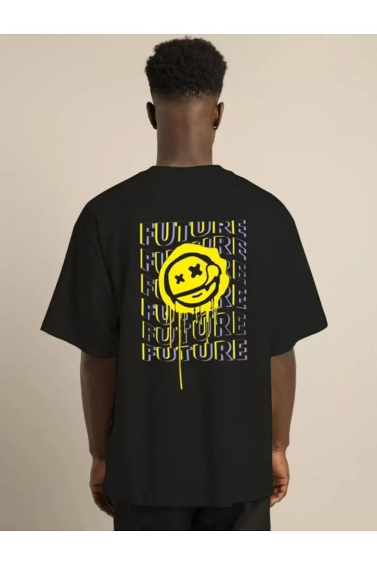 Unisex Bisiklet Yaka Baskılı Oversize T-Shirt - Siyah