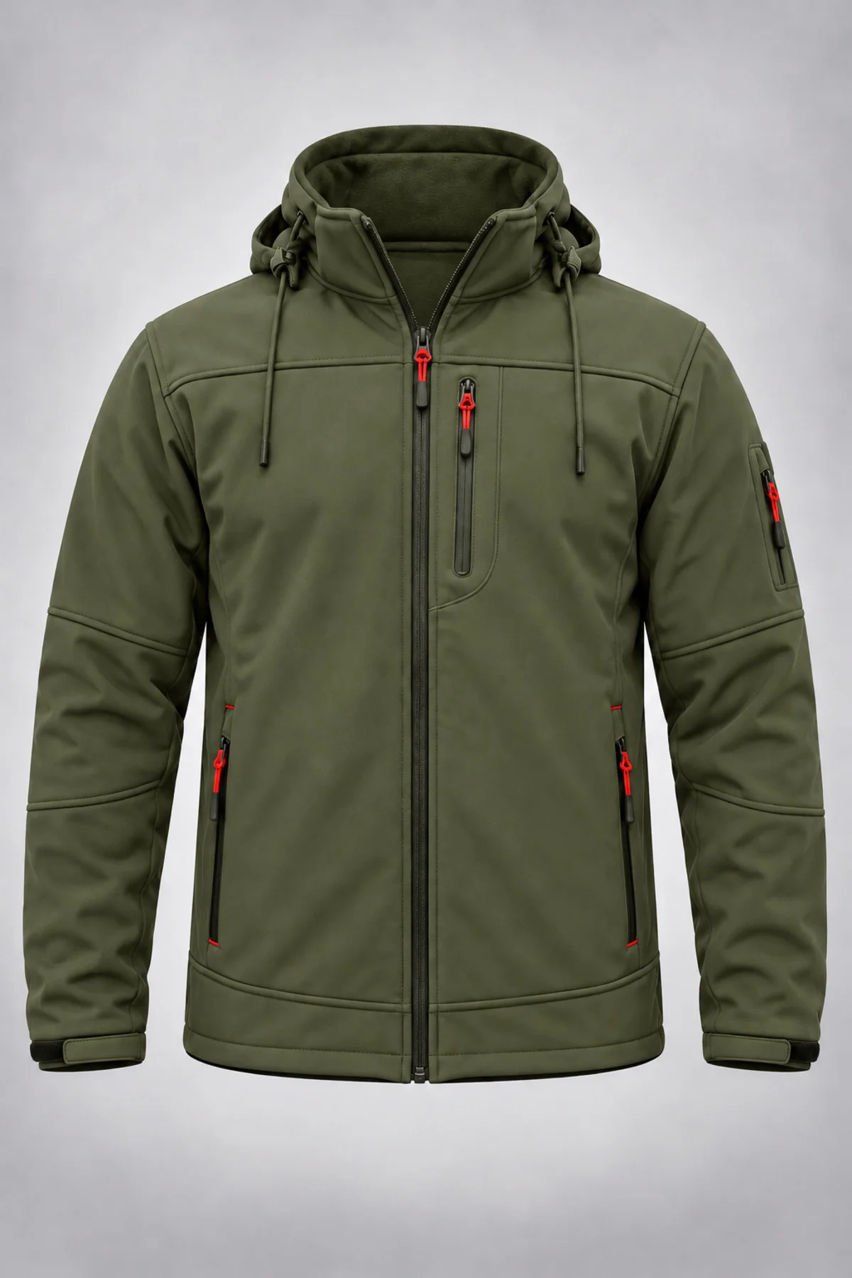 Unisex Çıkarılabilir Kapüşonlu Softshell Mont Rüzgara Dayanıklı Fermuarlı Outdoor Ceket Haki - Görsel 2