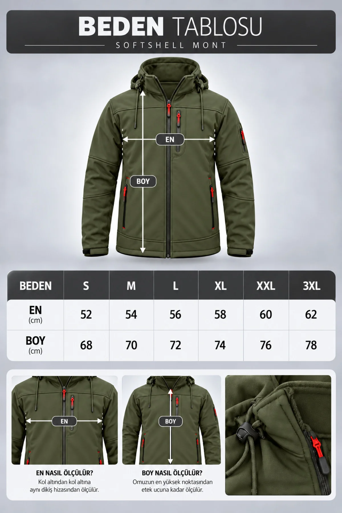 Unisex Çıkarılabilir Kapüşonlu Softshell Mont Rüzgara Dayanıklı Fermuarlı Outdoor Ceket Haki - Görsel 5