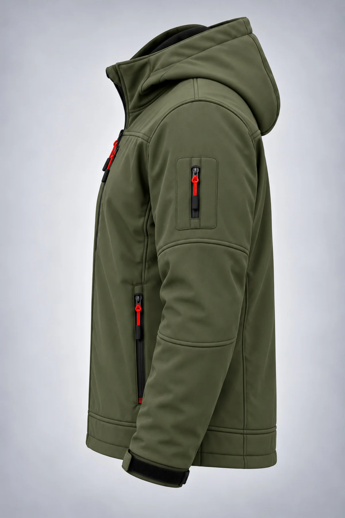 Unisex Çıkarılabilir Kapüşonlu Softshell Mont Rüzgara Dayanıklı Fermuarlı Outdoor Ceket Haki - Görsel 3