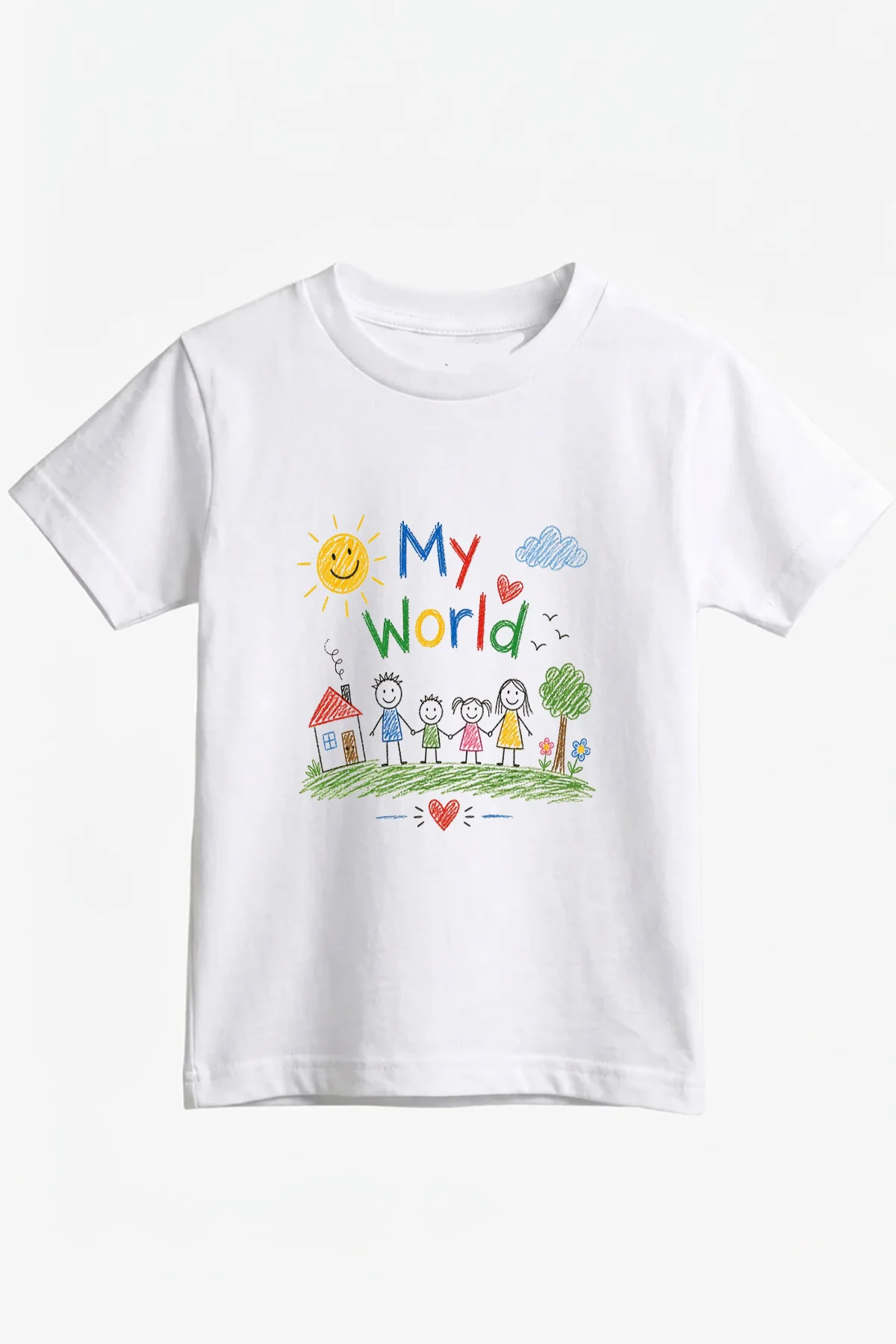 Unisex Çocuk Aile Çizimli Bisiklet Yaka Kısa Kollu Tişört