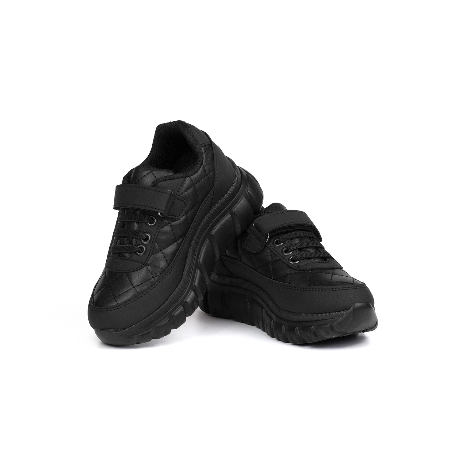 Unisex Çocuk Siyah Bağcıklı Cırtlı Sneaker Rahat Spor Ayakkabı