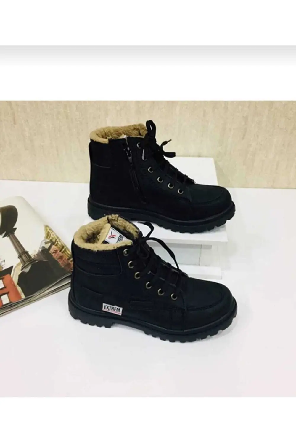 Unisex Çocuk Siyah Kışlık Suya Dayanıklı Kürklü Bot