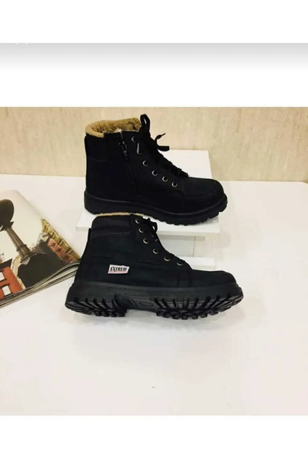 Unisex Çocuk Siyah Kışlık Suya Dayanıklı Kürklü Bot