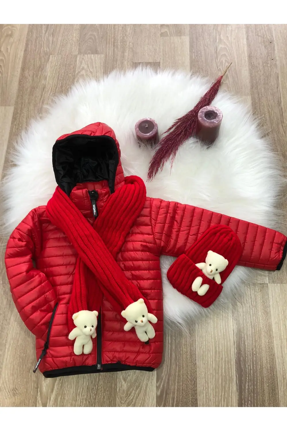 Unisex Çocuk Su Ve Rüzgar Geçirmez Bere Atkılı Mont