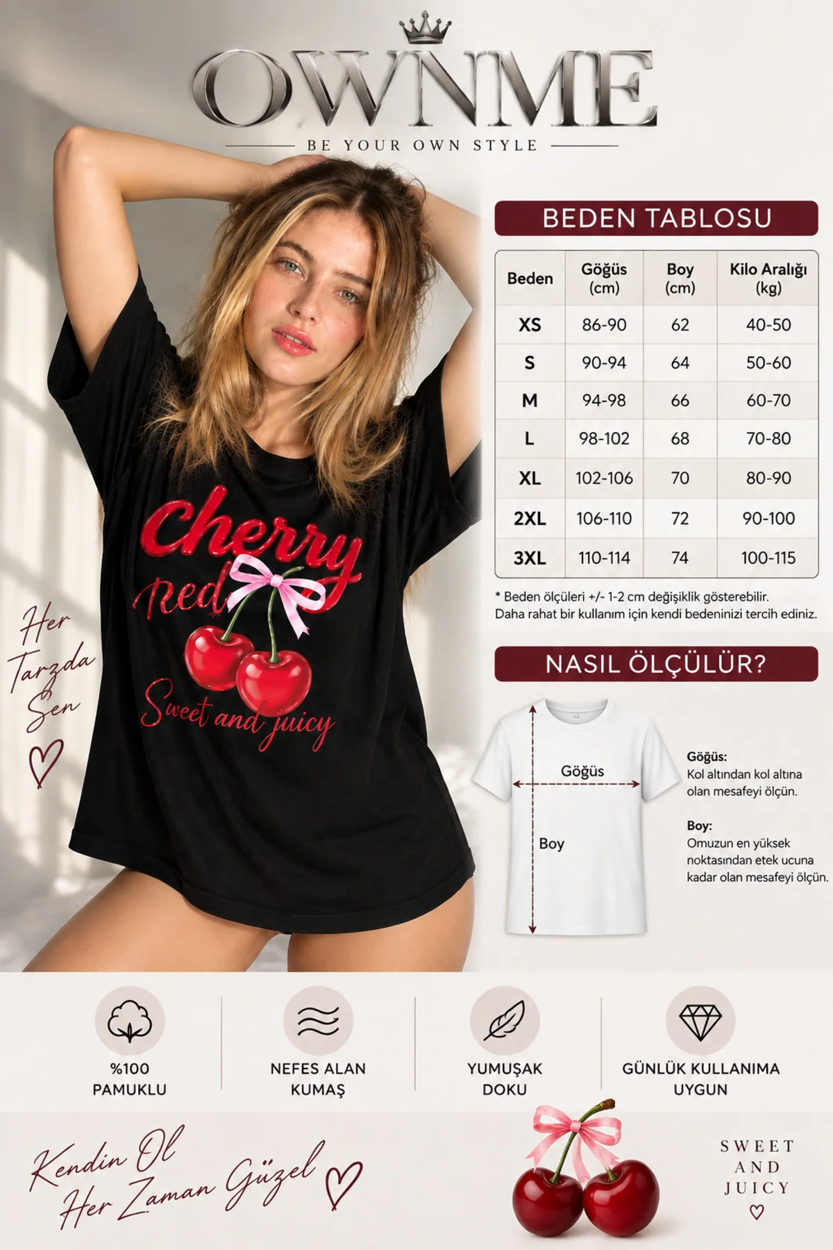 Unisex Erkek/Kadın Cherry Özel Baskılı Oversize Pamuklu Bisiklet Yaka T-Shirt tshirt Unisex Erkek/Kadın Cherry Özel Baskılı Oversize Pamuklu Bisiklet Yaka T-Shirt tshirt