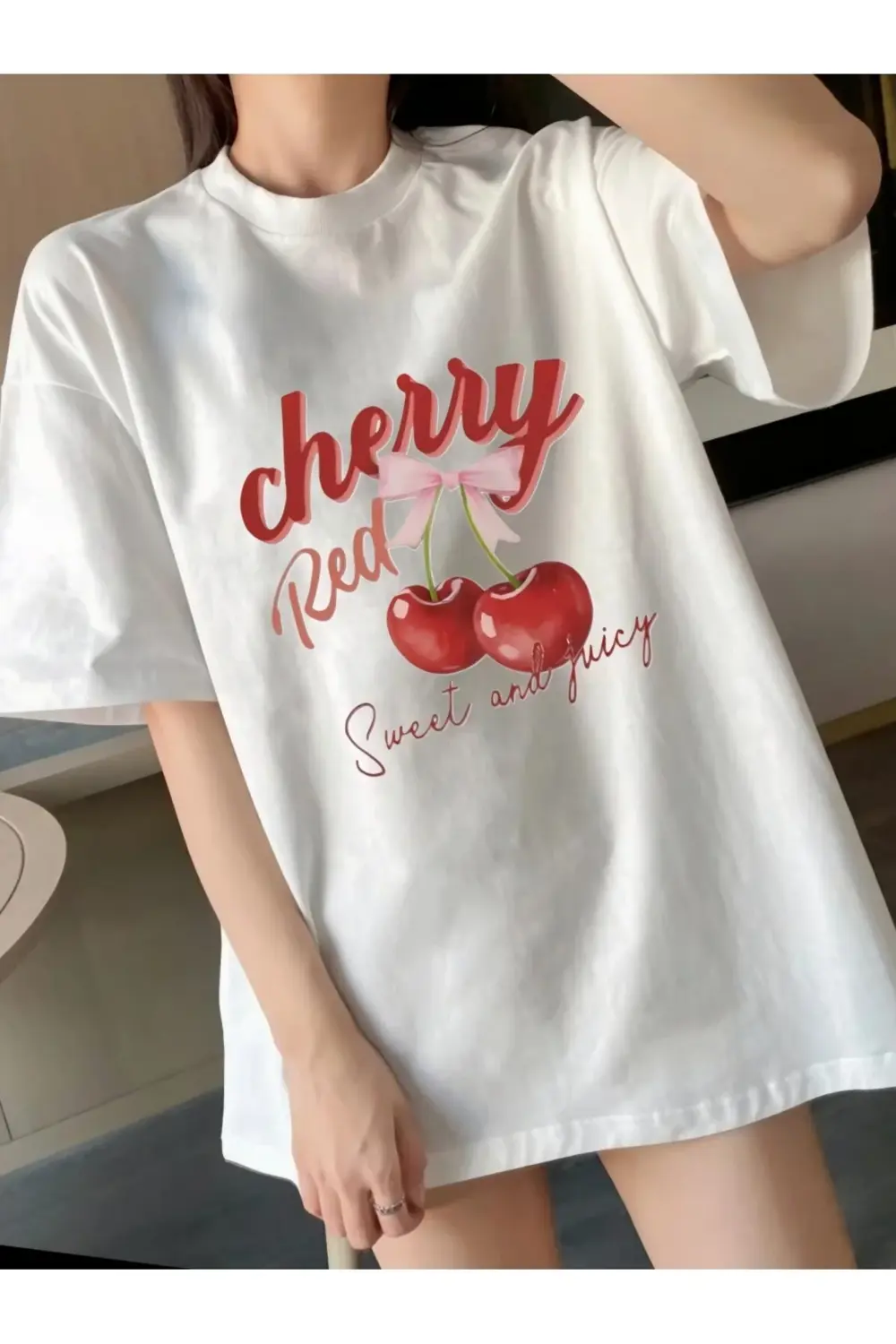 Unisex Erkek/Kadın Cherry Özel Baskılı Oversize Pamuklu Bisiklet
