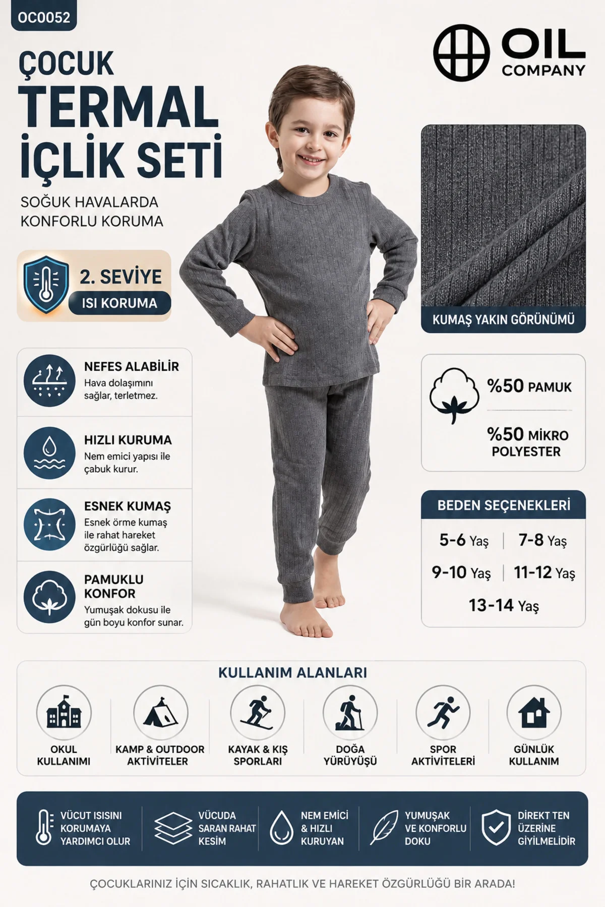 Unisex Esnek Örme Nefes Alabilir Kumaş Çocuk Termal İçlik Set Alt Üst Takım
