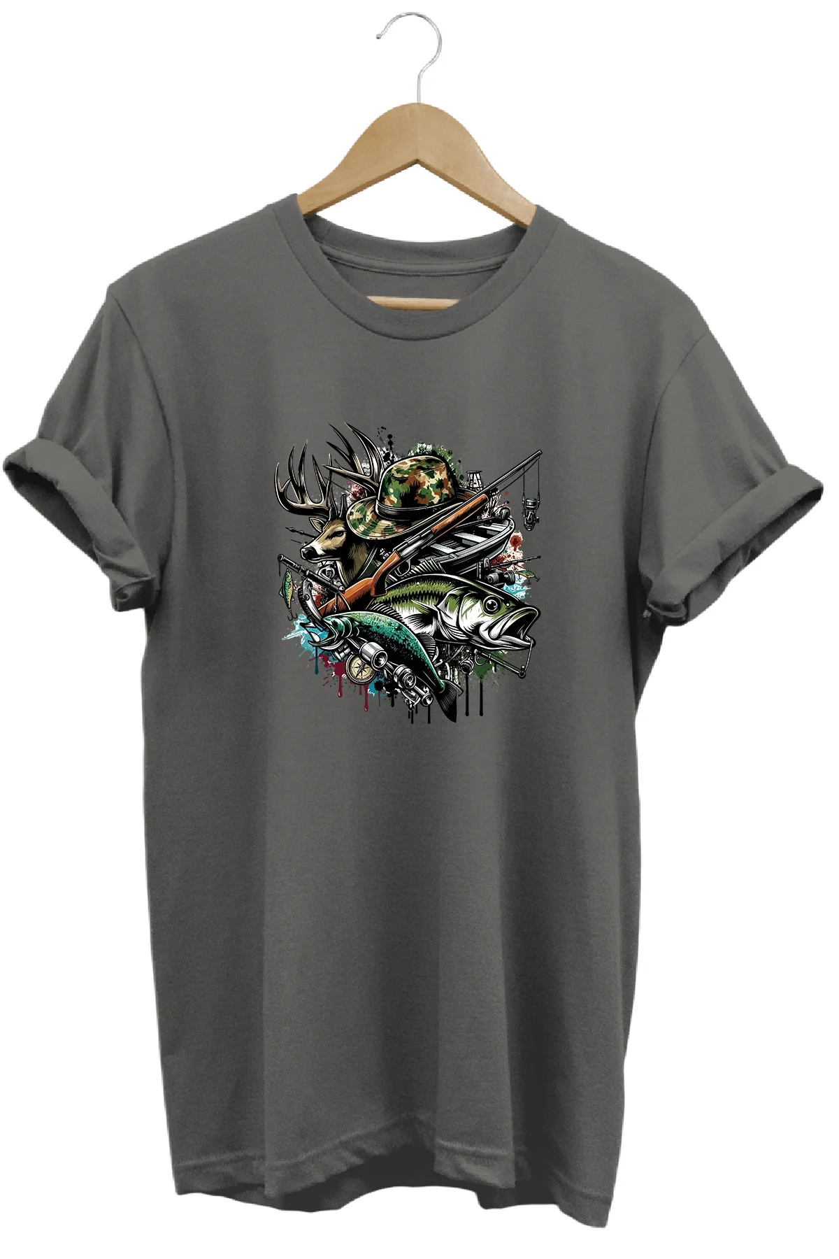 Unisex Geyik ve Balık Baskılı Arazi ve Doğa Tişörtü Outdoor Kamp Giyimi Unisex Geyik ve Balık Baskılı Arazi ve Doğa Tişörtü Outdoor Kamp Giyimi