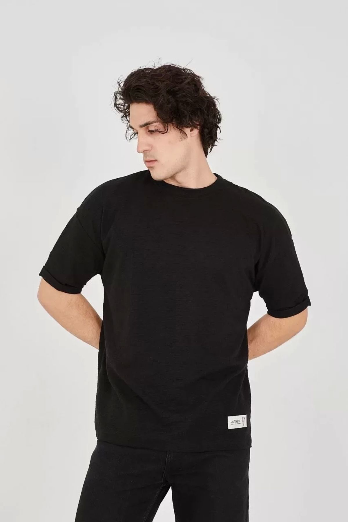 Unisex Jakar Kumaş Rahat Kol T-shirt - Siyah
