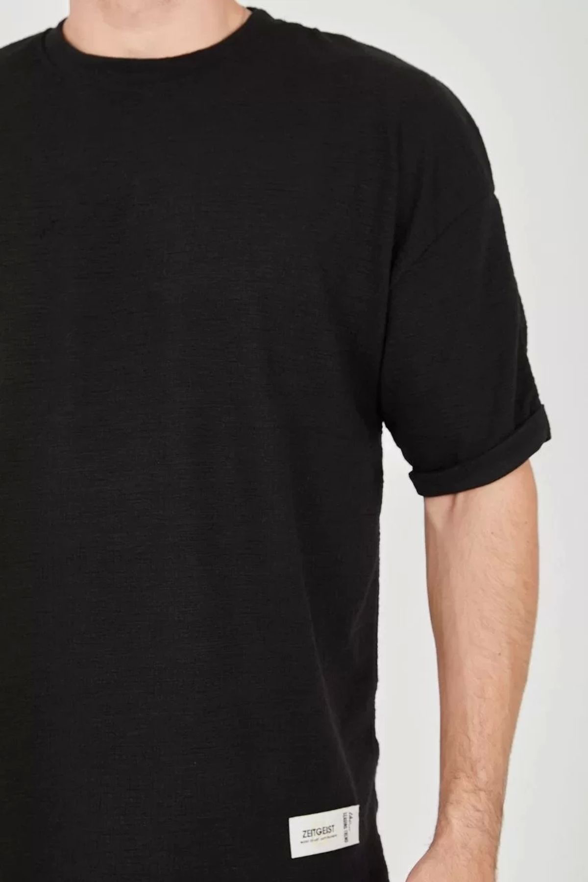 Unisex Jakar Kumaş Rahat Kol T-shirt - Siyah