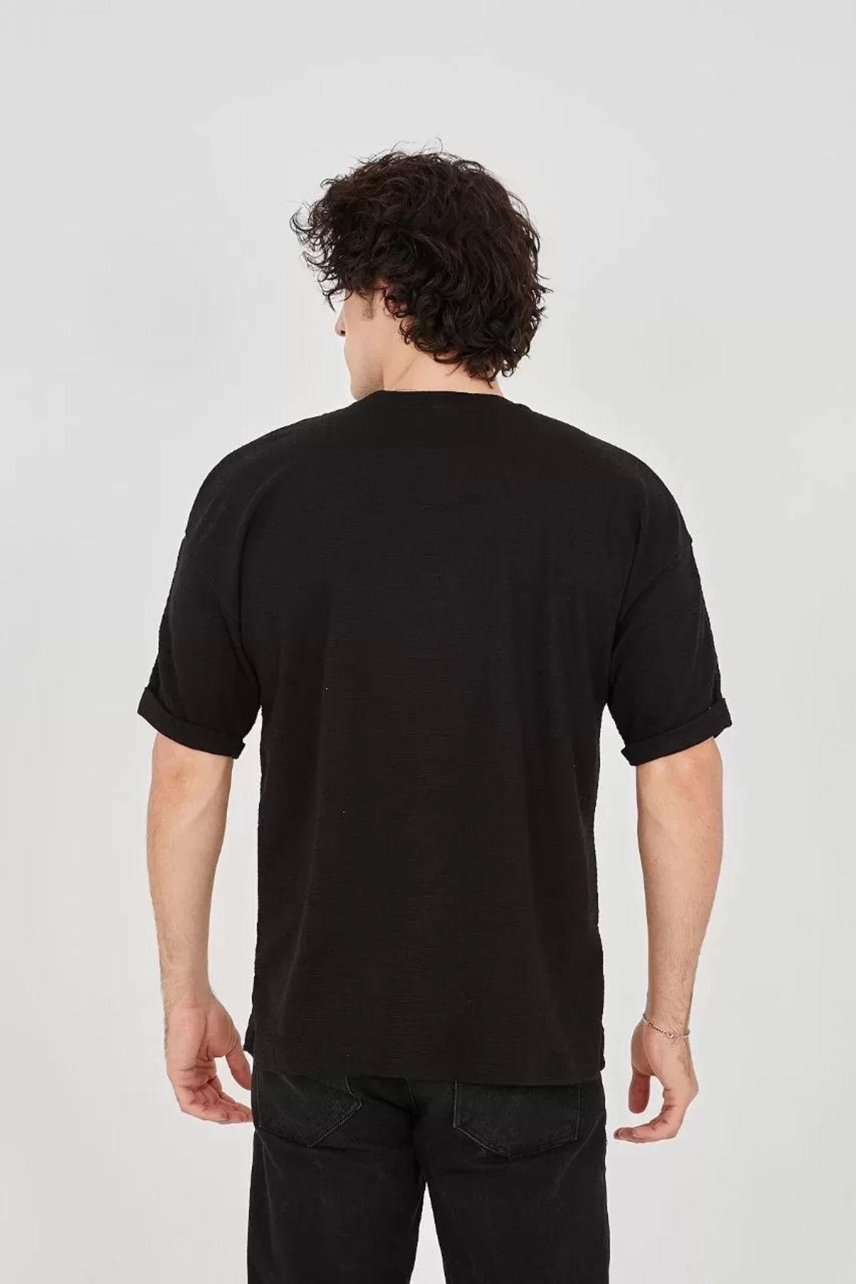 Unisex Jakar Kumaş Rahat Kol T-shirt - Siyah
