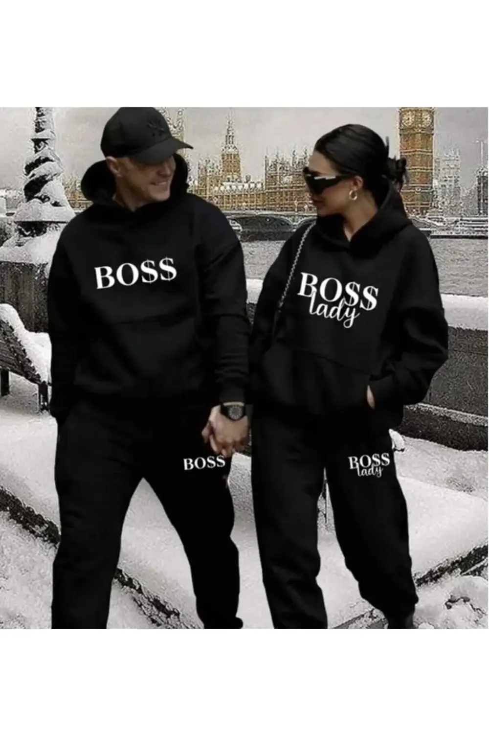Unisex Kadın Erkek Sevgili Çift Kombini Boss Baskılı Kapüşonlu Al
