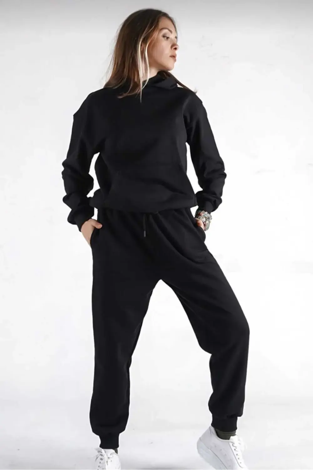 Unisex Kadın Erkek Sevgili Çift Kombini Oversize Basic Düz Kapüşo