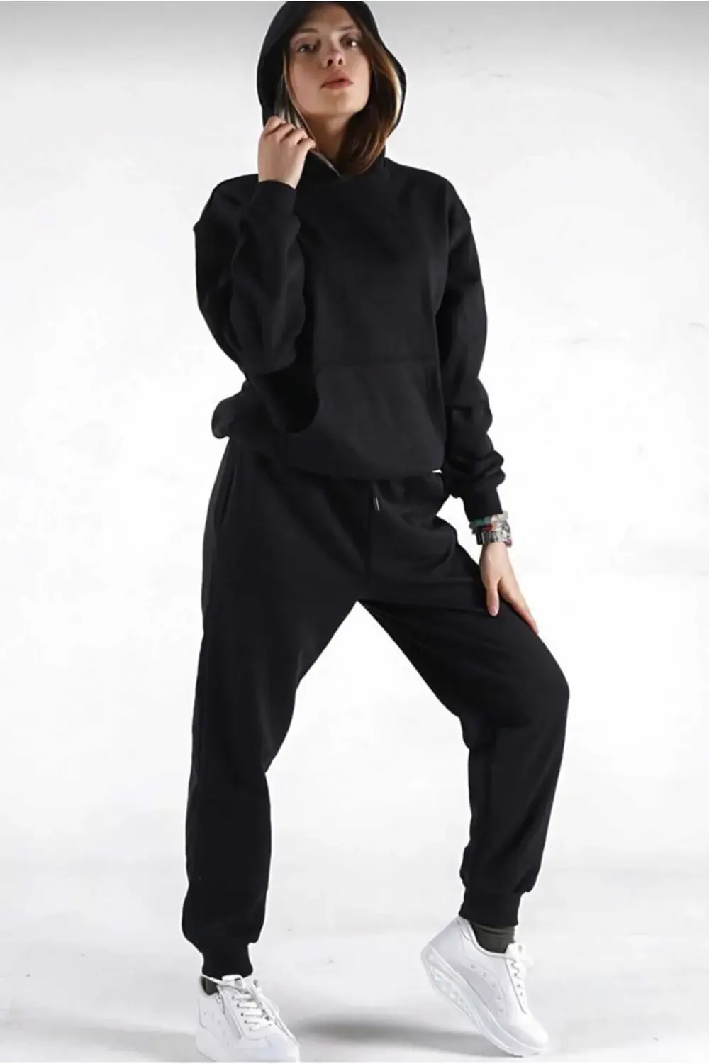 Unisex Kadın Erkek Sevgili Çift Kombini Oversize Basic Düz Kapüşo