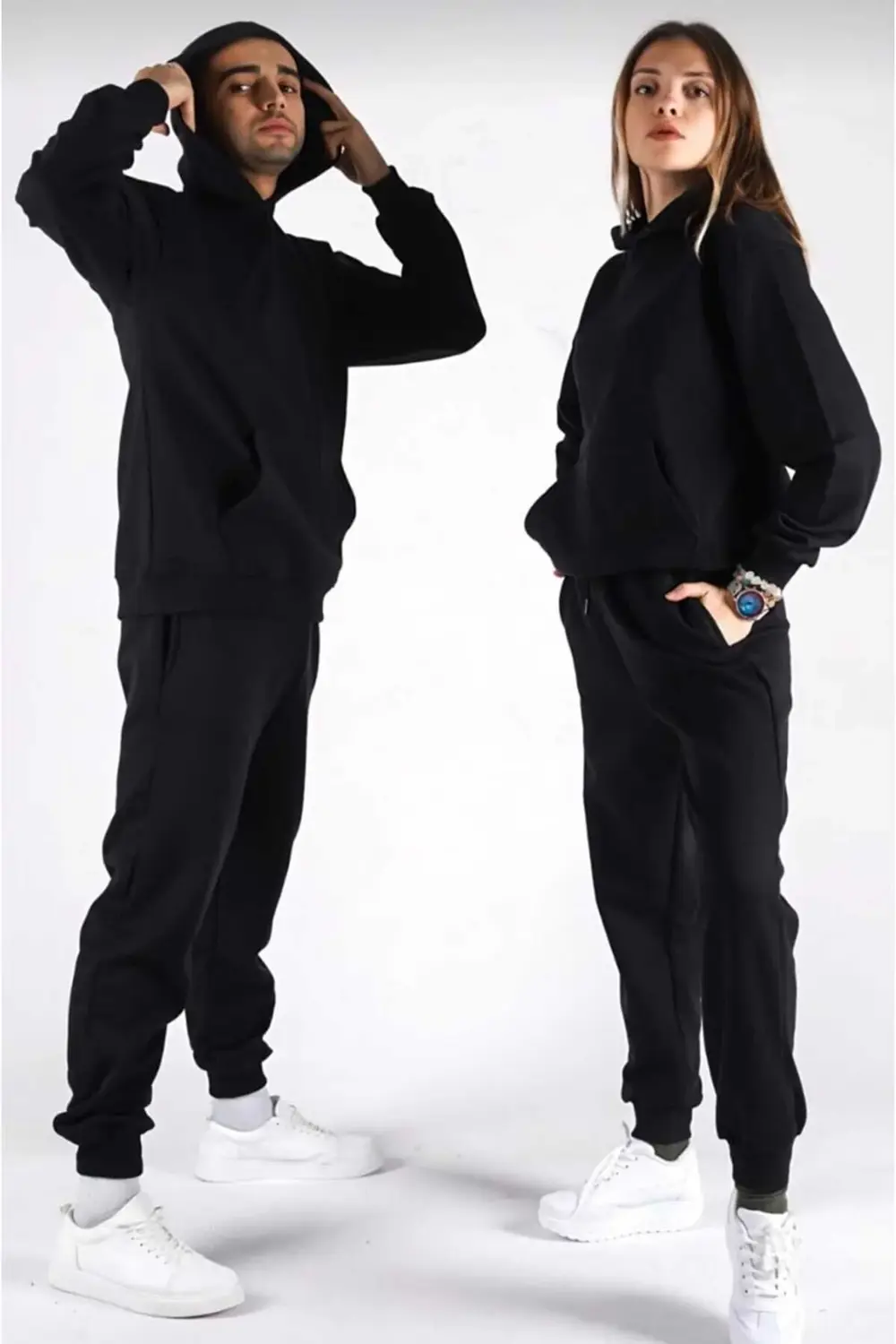 Unisex Kadın Erkek Sevgili Çift Kombini Oversize Basic Düz Kapüşo