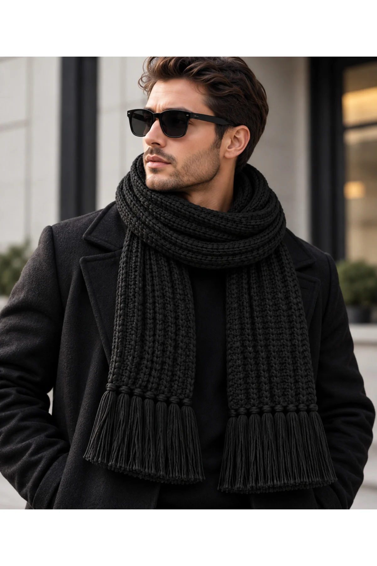 Unisex Kalın Örgü Püsküllü Kışlık Atkı – Siyah