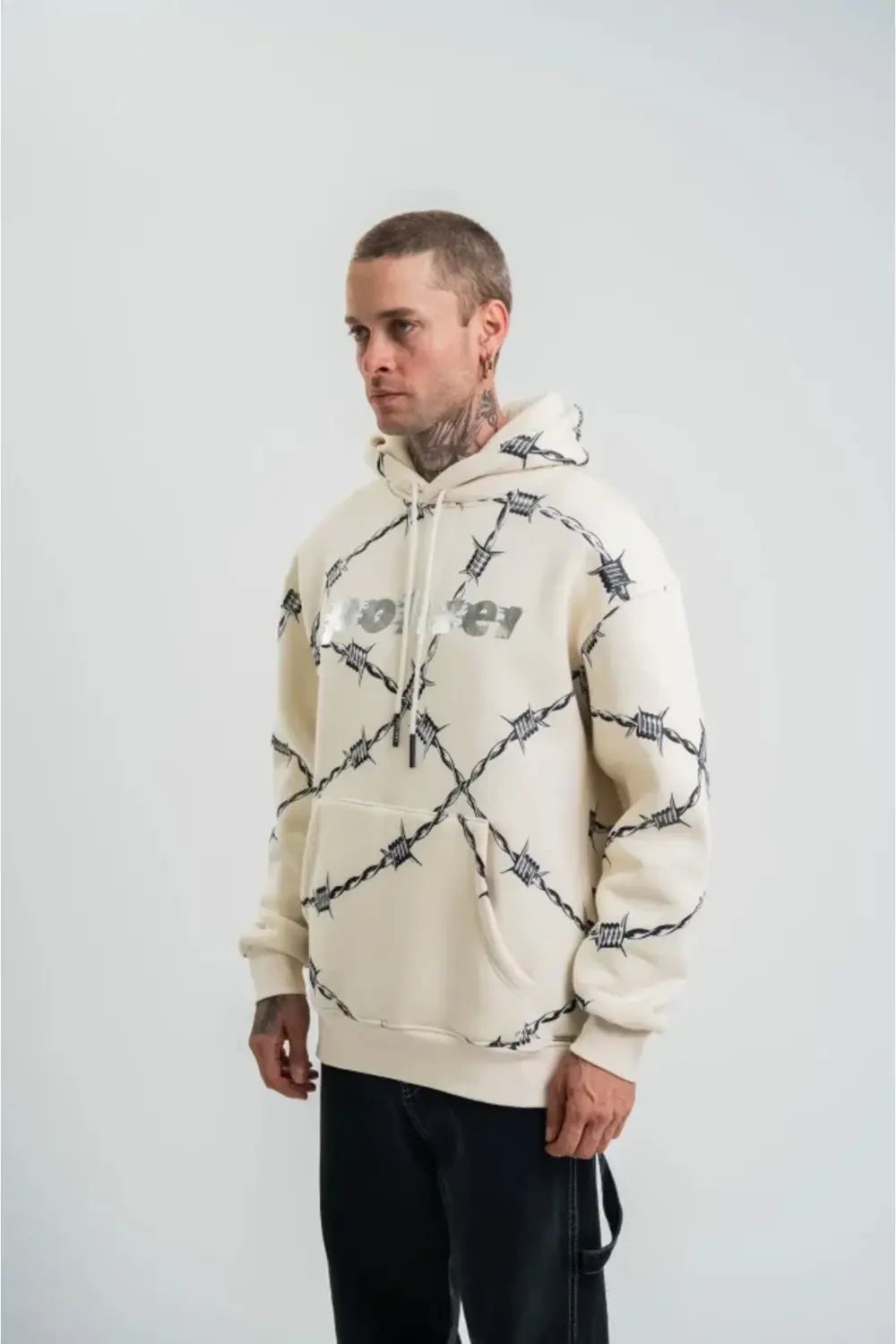 Unisex Kapşonlu Varak Ve Pano Baskılı SweatShirt - Bej