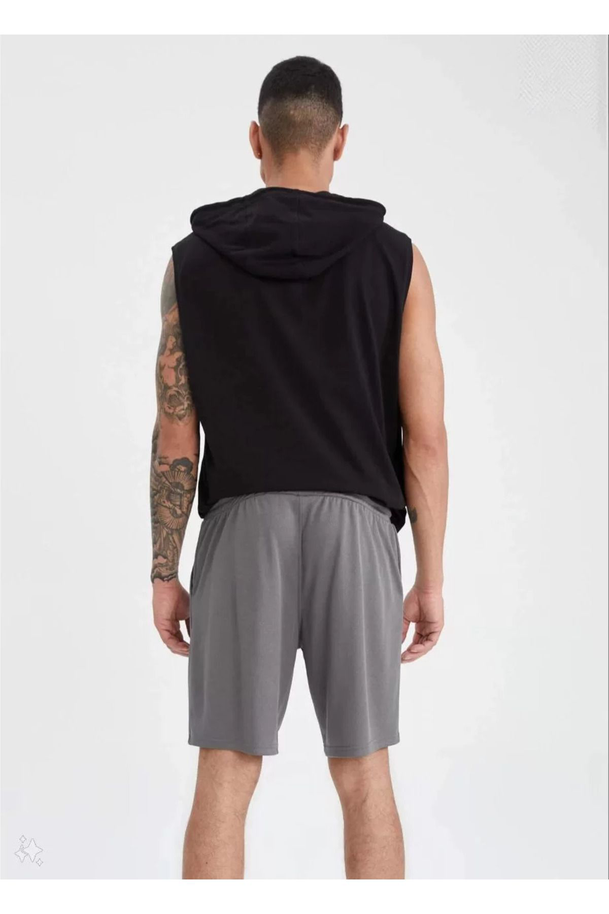 Unisex Kapşonlu Kolsuz Düz Oversize T-shirt - Siyah