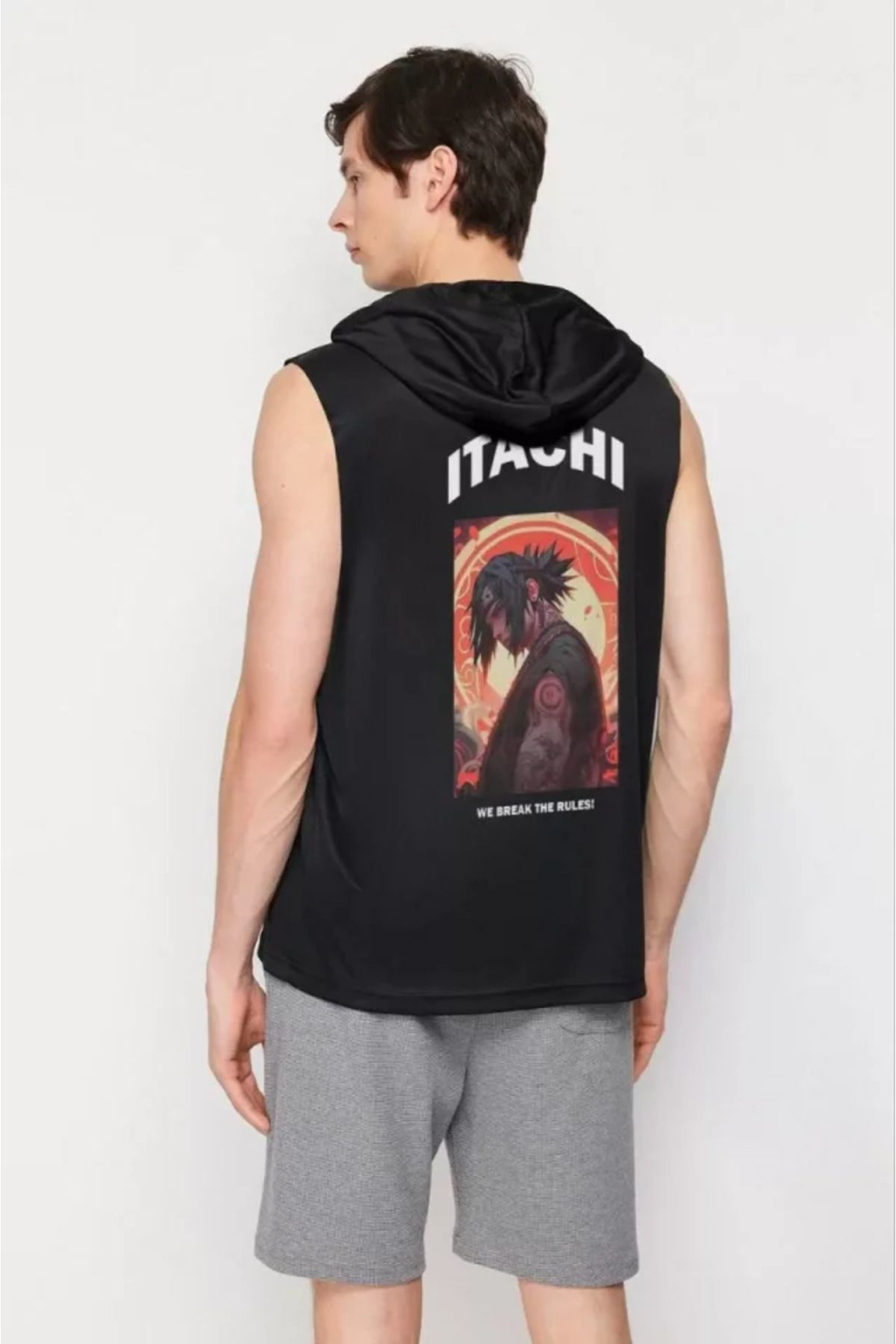 Unisex Kapşonlu Kolsuz Baskılı Oversize T-shirt - Siyah