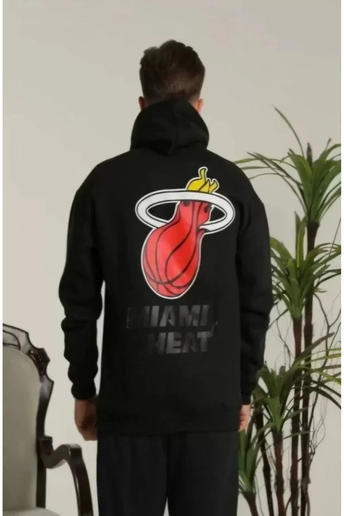 Unisex Kapşonlu Baskılı Sweetshirt - Siyah