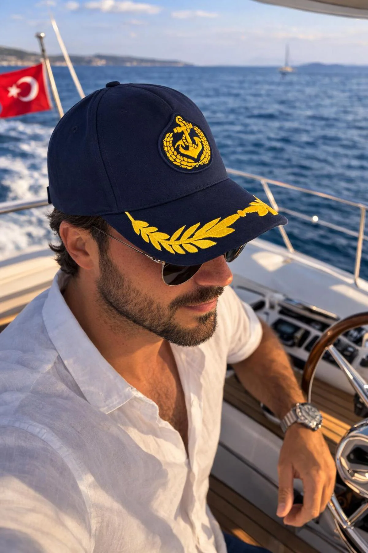 Unisex Kaptan Denizci Şapkası, Marina Şapkası, Ayarlanabilir Yazl