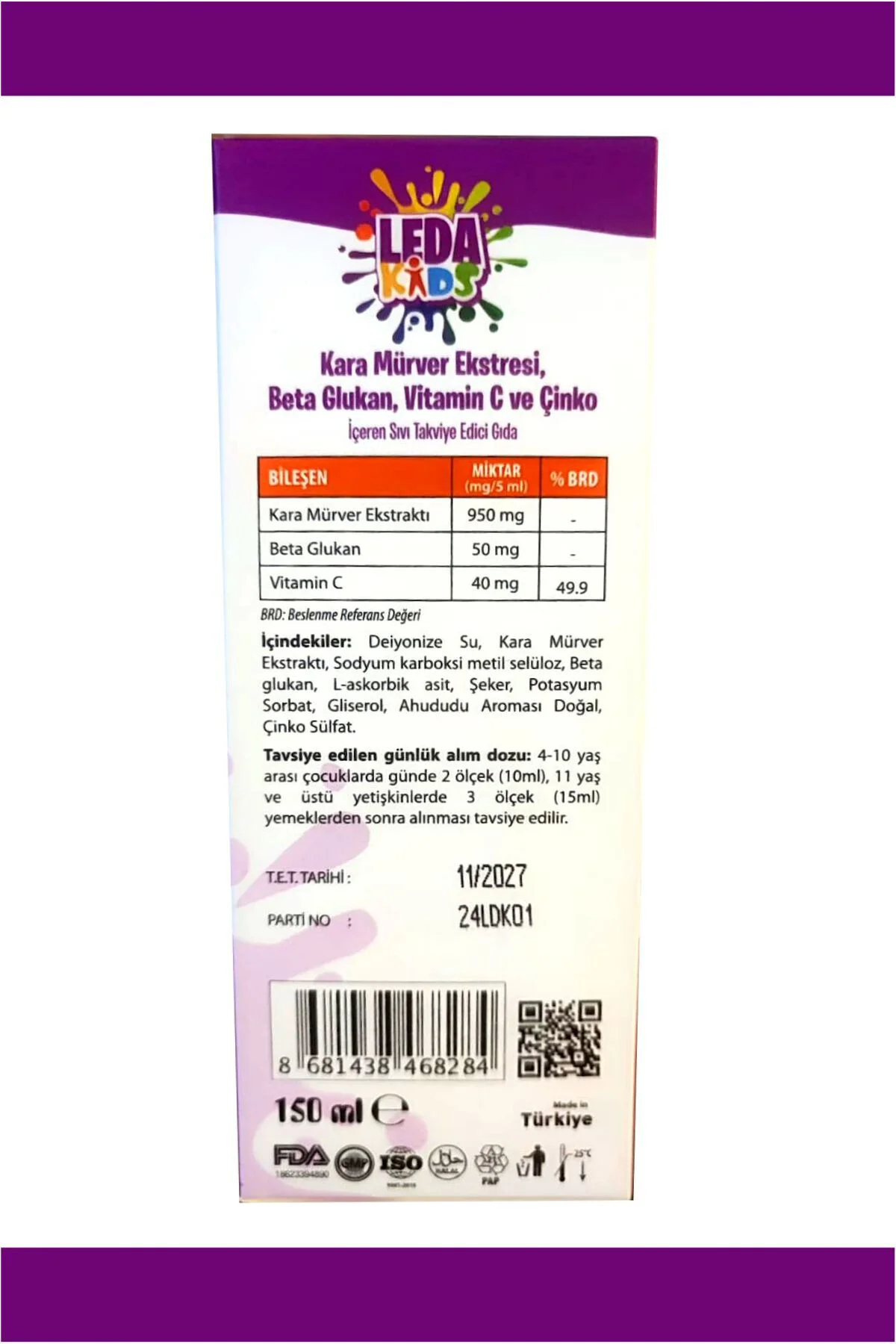 Unisex Kara Mürver Ekstresi C Vitamini Ve Çinko Leda Kids 150 ml 