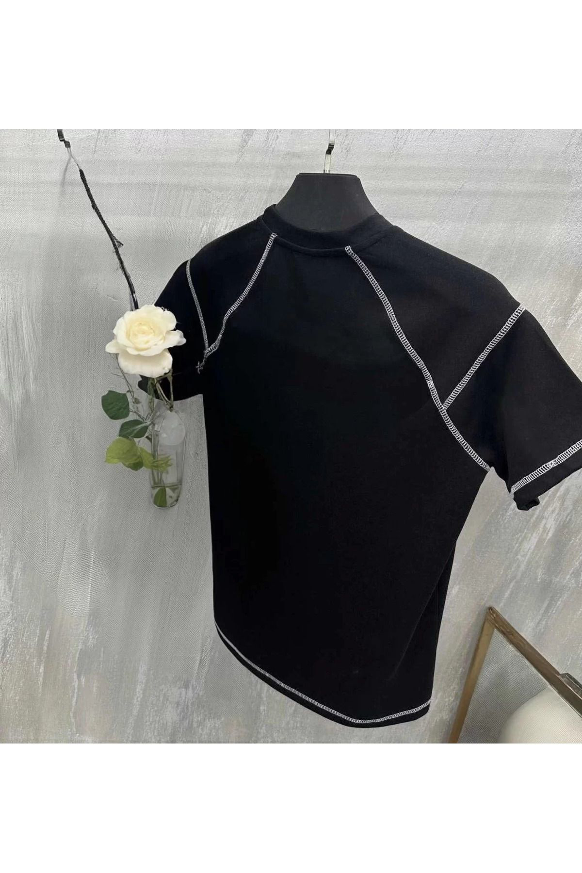 Unisex Karoyaka Dikişli Oversize T-shirt - Siyah