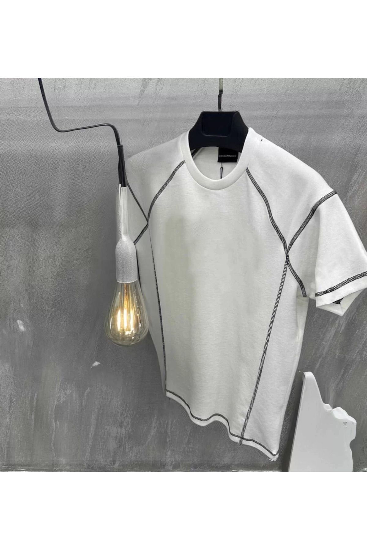 Unisex Karoyaka Dikişli Oversize T-shirt - Beyaz