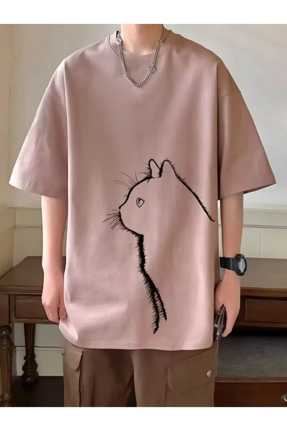 Unisex Kedi baskı tasarımı، benzersiz kısa kollu tişört , bol kes