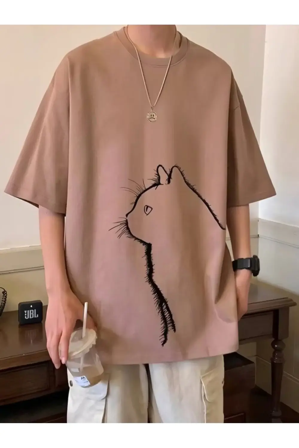 Unisex Kedi baskı tasarımı، benzersiz kısa kollu tişört , bol kes