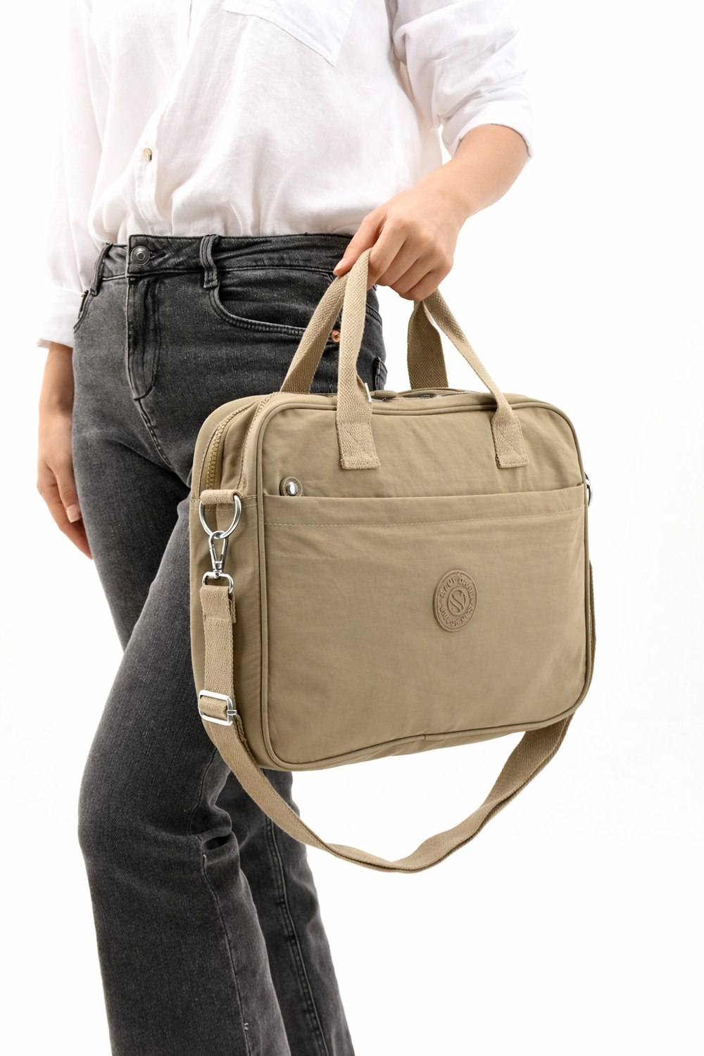 Unisex Klinkır Bej Renkli Suya Dayanıklı Laptop Bölmeli Çapraz-el