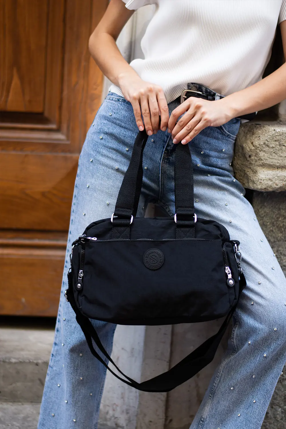 Unisex Krinkıl Kumaş Omuz Ve Çapraz Askılı Siyah Renkli Çanta