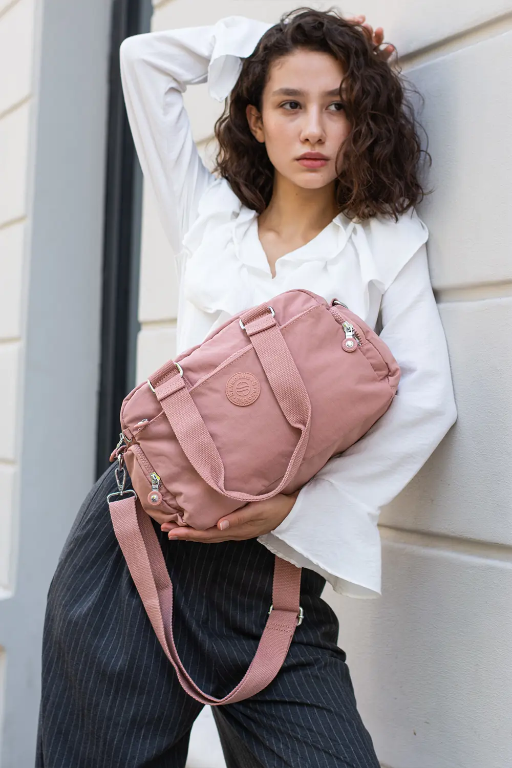 Unisex Krinkıl Kumaş Pembe Renkli Omuz Ve Çapraz Askılı Çanta