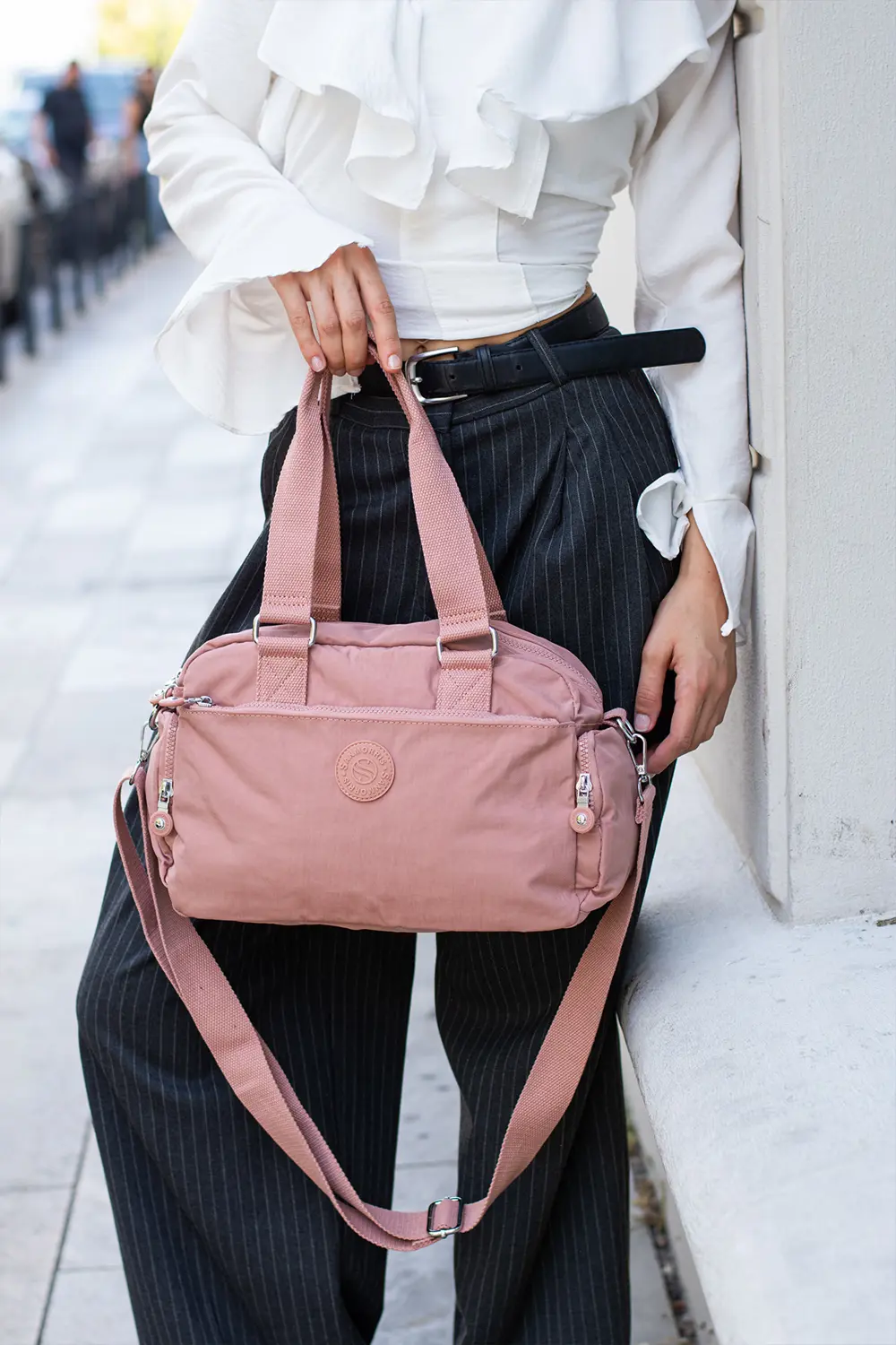 Unisex Krinkıl Kumaş Pembe Renkli Omuz Ve Çapraz Askılı Çanta