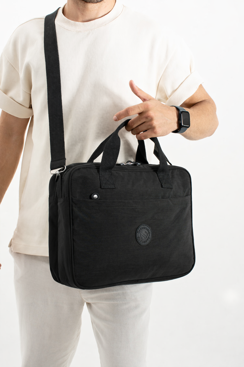 Unisex Krinkıl Siyah Renkli Suya Dayanıklı Laptop Bölmeli Çapraz-