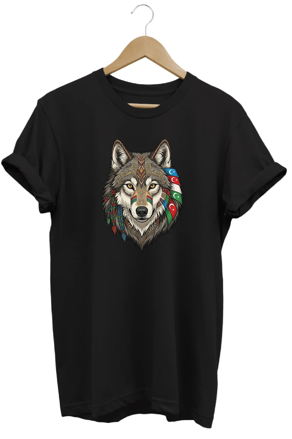 Unisex Kurt Ve Azerbaycan Bayrağı Detaylı T-shirt Pamuklu Bozkurt