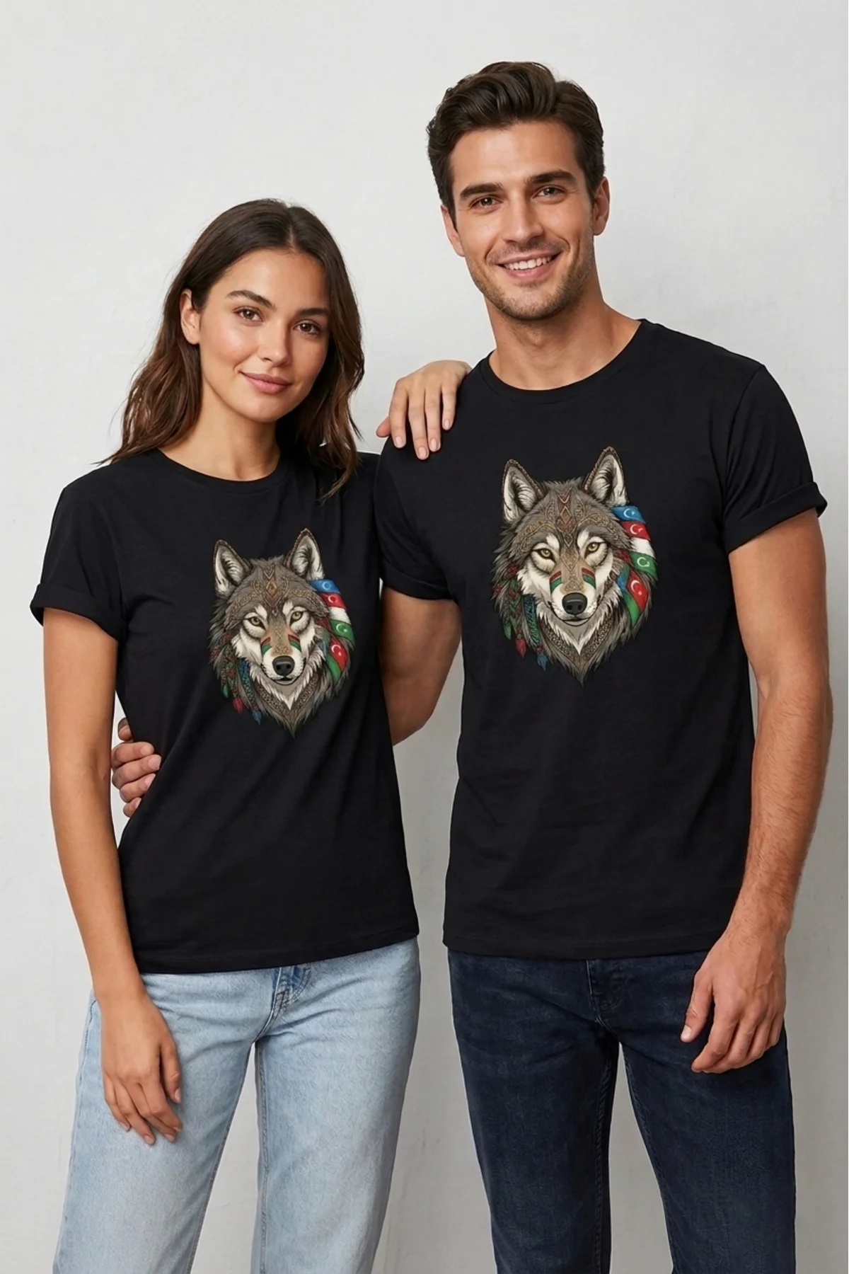 Unisex Kurt Ve Azerbaycan Bayrağı Detaylı T-shirt Pamuklu Bozkurt